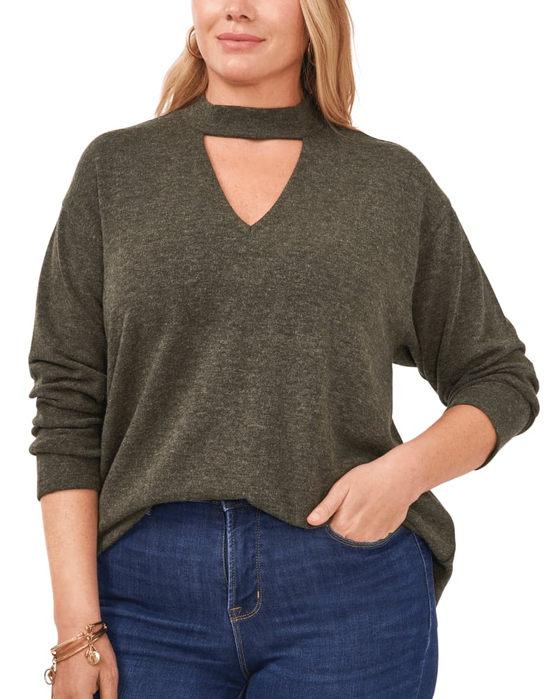 Front of a model wearing a size 0X Barb Keyhole Cutout Sweater in FATIGUE HTHR by 1.State. | dia_product_style_image_id:262006